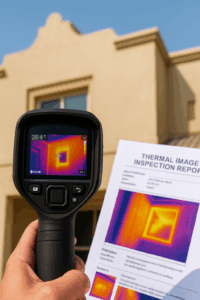 FLIR thermal camera showing inspection data with printed report during Trakhees-compliant site check in Dubai